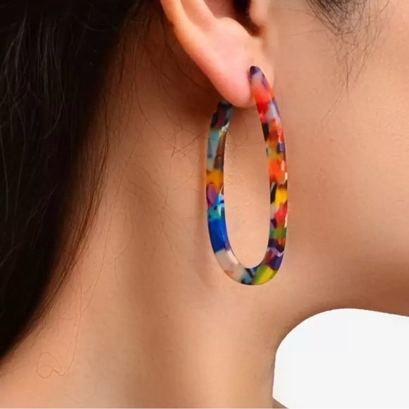 Colorful Acrylic Hoop Oval Earrings - Picture 2 of 3